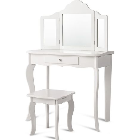 COSTWAY Kids Vanity Makeup Table Set Princess Makeup Dressing Table (1/5)