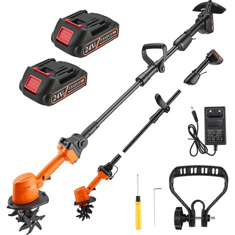 Motoculteur Électrique sans Fil 21V 2-en-1 Fraise 4 Lames 10cm 2 Batteries 1500mAh, Manche Télescopique 1,3m, Acier Manganèse, Jardin et Potager, Mini Motobêche (1/5)