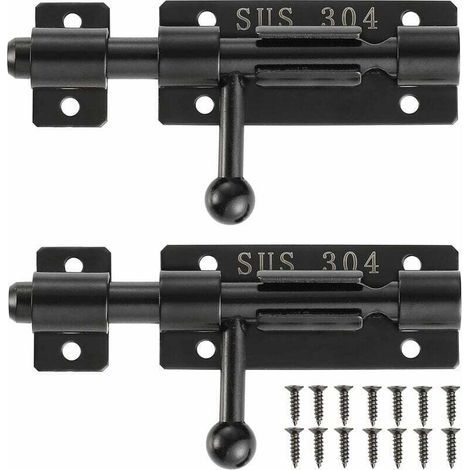Loquet de porte à boulon avec trou de verrouillage, serrure de porte coulissante en acier inoxydable 304, 4 pouces, noir, 2 packs, 204BB-BL-2