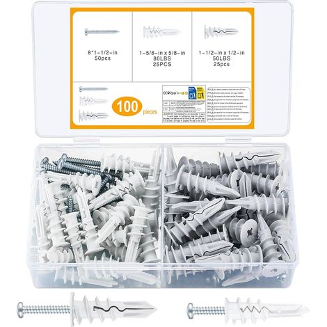 Lot de 100 fixations autoperceuses pour plaques de plâtre, 50 chevilles pour cloison sèche et 50 vis autotaraudeuses pour cloison sèche, fixations murales pour plaques de plâtre (1/5)