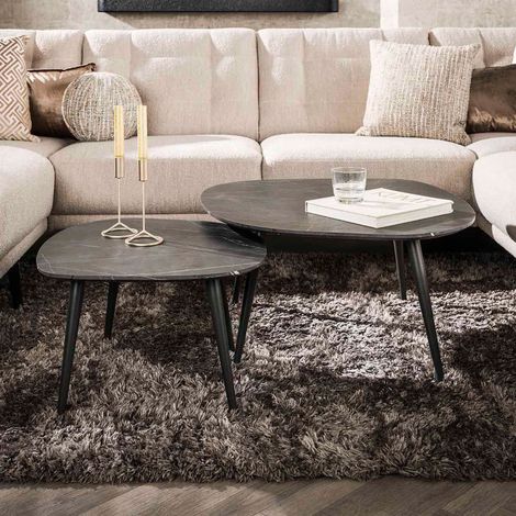 Lot de 2 tables basses 85 et 64 cm aspect céramique grise