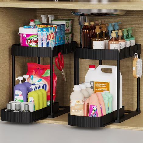 Lot de 2 organiseurs de rangement coulissants multifonctions, organiseurs sous évier et étagères de rangement pour salle de bain et cuisine, noir (1/5)