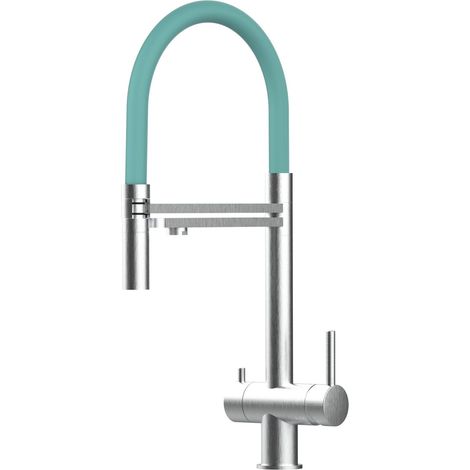 Rubinetto 3 vie miscelatore lavello cucina VIZIO in Acciaio INOX Spazzolato - Canna turchese movibile e doccia due getti staccabile - ACCIAIO CHIRURGICO AISI 316 (1/5)