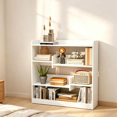 Estantería funcional independiente, librería moderna con compartimentos abiertos que sirve como separador de ambientes, estante de almacenamiento versátil. (1/5)