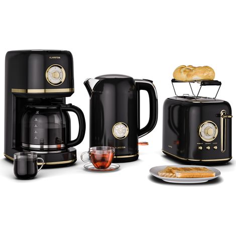 Klarstein Victoria Set Petit-Déjeuner Complet Grille-Pain 2 Fentes 7 Niveaux, Bouilloire Électrique 1,7L, Cafetière Filtre 12 Tasses, Design Rétro, Support à Petits Pains, Noir