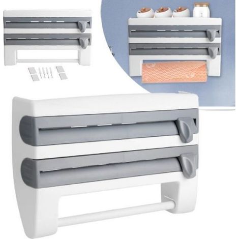 Support Gris Papier Film Alu Cuisine Découpe facile Murale Dérouleur de Rouleaux en Plastique Mural Cuisine Gris (1/4)