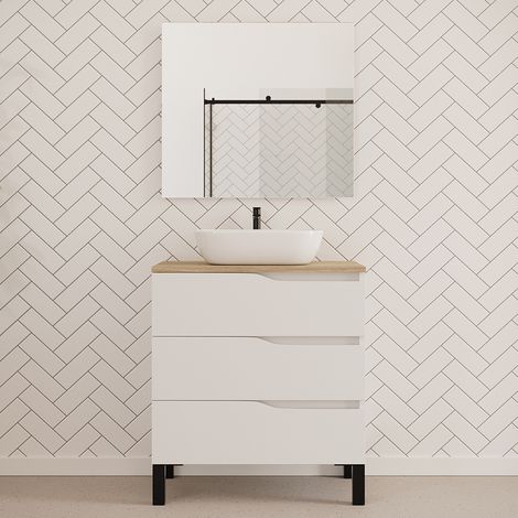 Meuble de salle de bain 80cm avec plateau miel et vasque à poser zeus - 3 tiroirs - blanc - MATA (1/5)
