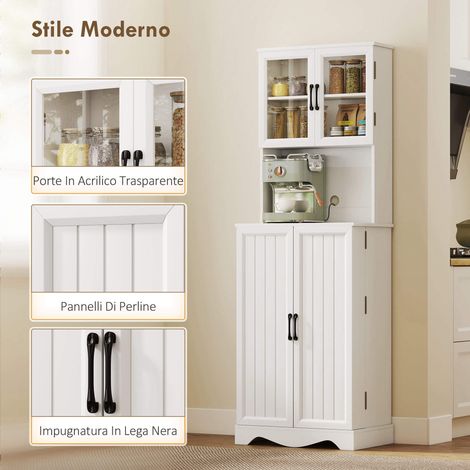 Armoire mobile de cuisine blanche en bois et acrylique, 2 portes, 8 tablettes, 60x39,5x179,6 cm (1/5)