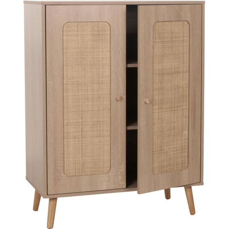 Highboard HHG-209, Commode Armoire Sideboard, compartiments de rangement, Kubu rotin bois 106x80x41cm, aspect chêne