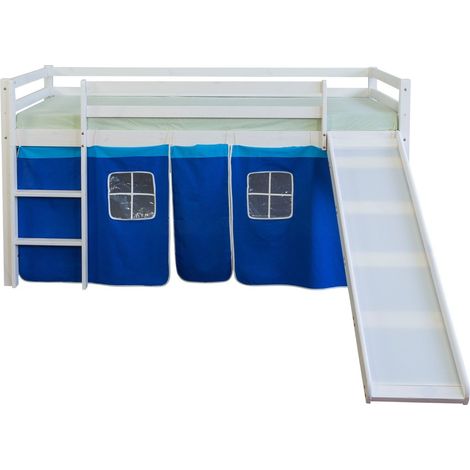 Lit mezzanine 90x200cm avec échelle toboggan en bois blanc et toile bleu LIT06115 (1/4)