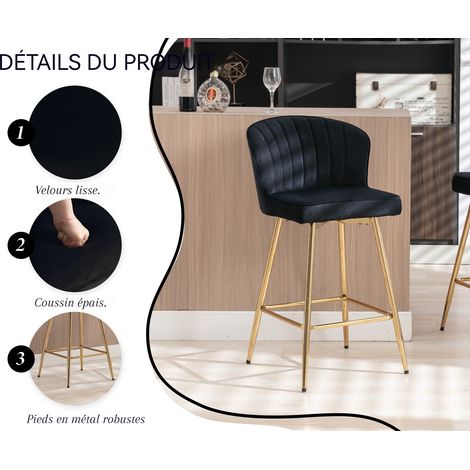 Wahson Lot de 2 tabourets de bar modernes avec dossier – Velours noir – Hauteur d'assise 64.75cm – Structure en métal doré, Noir