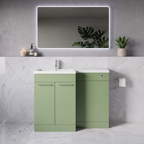 Napoli 390 Olive Green 1100mm 2 Door Vanity Unit Toilet Suite with Square Left Hand Lucia Basin - 1100mm - Chrome 160mm HandleWithout Kingston Toilet Pan