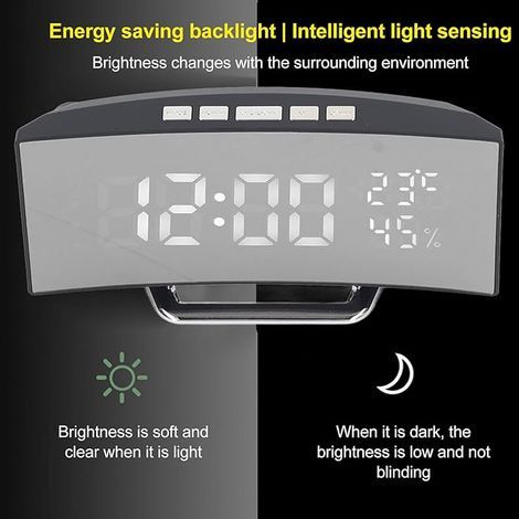 Eine Digitaluhr mit intelligentem Lichtsensor, Dual-Mode-Anzeige und modernem, geschwungenem Design, ausgestattet mit einem LED-Zifferblatt und einer Anzeige der Umgebungstemperatur.