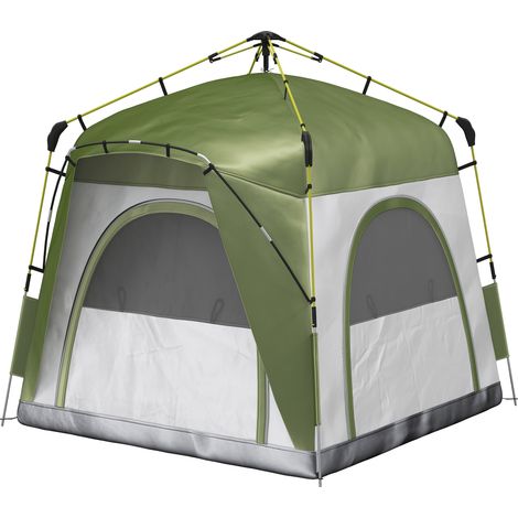 Tente camping 3 personnes 4 portes 4 fenêtres avec sac de transport verte et grise