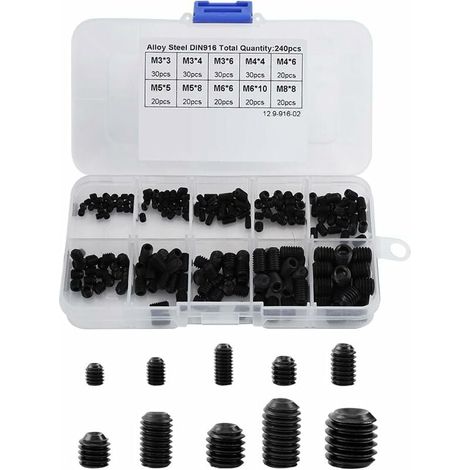 240 piezas M3-M8 Tornillos de cabeza hexagonal de acero de aleación negra Tuercas Núcleos roscados Máquina de punta de copa Surtido Kits Tijeras (1/5)