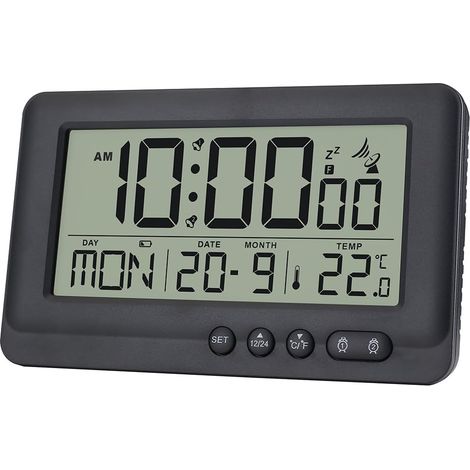 Réveil radio-piloté numérique avec heure automatique, date, répétition de 5 minutes, affichage de la température, réveil numérique en plastique, 2 piles AAA (non incluses) (noir) (1/5)