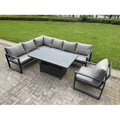 Fimous 6 Pieces Aluminium Garden Furniture Sets with Adjustable Rising Lifting Dining Table 7 Seater Corner Sofa Set Dark Grey (1/5)