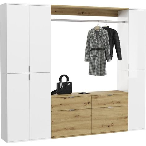 ProjektX Garderobenmöbel Set P14 Weiß hochglanz, weiß, Eiche Dekor.