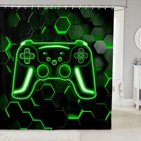 Rideau Douche 180x180cm Gamer, Rideaux de Douche Neon Honeycomb Gaming, Rideau de Baignoire Jeux Game Garçon, Rideaux Salle de Bain Lumières Hexagonales Vertes - 180L X 180H cm (1 Panneaux) (1/5)