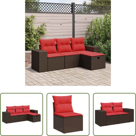 Gartenmöbel - 4-tlg. Garten-Sofagarnitur mit Kissen Braun Poly Rattan (1/5)
