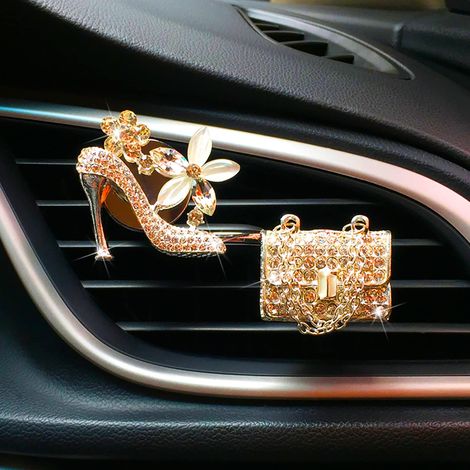 Lot de 2 désodorisants décoratifs pour voiture, ornés de strass, en forme de chaussure à talon haut et de sac. Accessoires de charme pour femmes et jeunes filles. Idée cadeau pour décorer l'intérieur (1/5)