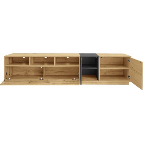 Mueble TV de 200 cm en negro gris y acabado madera con compartimentos abiertos y pasacables HOMVRA (1/5)