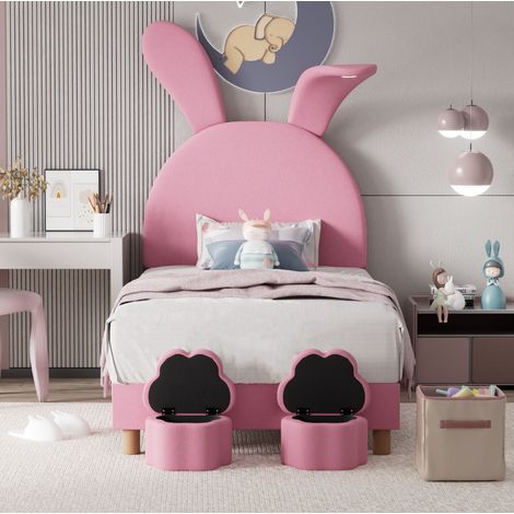 Cama juvenil 90x200 cm terciopelo rosa con LED, ahorra espacio, sin colchón – MEUBLIV (1/5)
