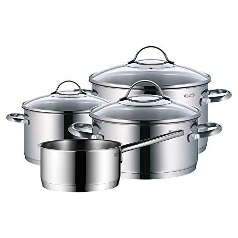 Set di 7 Pentole e Padelle in Acciaio Inox Cromargan WMF Provence Plus per Induzione, Inclusi Pentola per Arrosto, Casseruola, Padelle con Manico e Bordo per Versare, Coperchio in Vetro, Ideale per Cu (1/4)