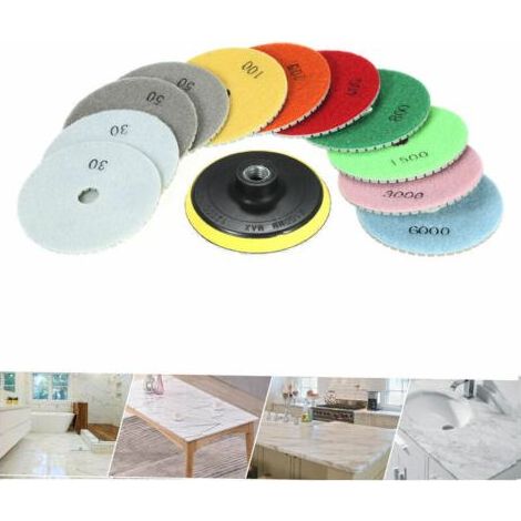 Disque diamant pour meuleuse 11 pièces 4 pouces diamant tampons de polissage humides disque de meulage + 1 tampon de support pour granit marbre pierre carreaux de céramique béton, (1/5)
