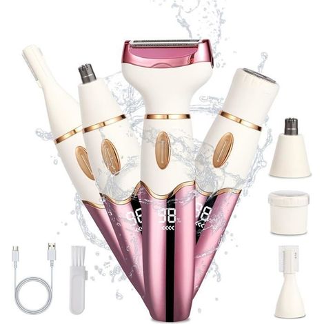 Épilateur électrique 4 en 1 (rose) pour femmes, rechargeable, pour le visage et le maillot, étanche, pour le pubis et le nez.-AquaForge