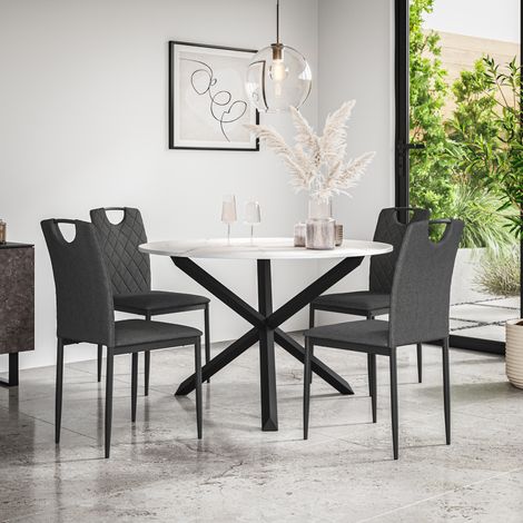 Malvern Round Dining Table And Chairs -  Marble Table Top w Solid Oak Black Legs + Monza Fabric Dining Chair Set Of 4 (Charcoal) (1/5)