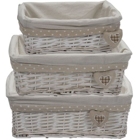 Set da 3 Cestini in vimini rettangolari di colore bianco portaoggetti - Misure 30x20x13 cm, 35x25x14 cm, 40x30x15 cm con fodera in tessuto - Bianco co (1/5)