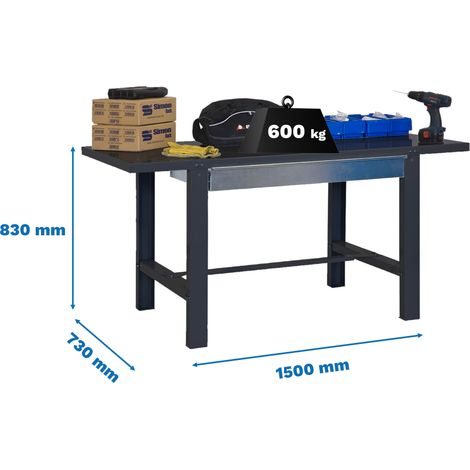 SimonRack Banco da Lavoro con Cassetto Telescopico a Chiusura Ammortizzata – Piano in Metallo 35 mm – Portata 600 kg – 830x1500x730 mm – Tavolo Fai da Te – Antracite – BT-6