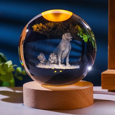 Boule de cristal (lumière froide) avec support lumineux LED, décoration en verre gravée au laser