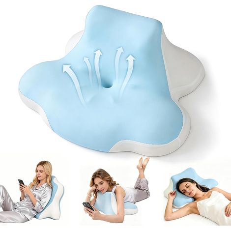 Coussin de lecture pour lit et canapé, 4-en-1 Coussin Incliné pour Lit, Canapé, Soutien Orthopédique avec Design 2 Zones pour Dormeurs sur Côté, Dos, Ventre, coussin de dossier ergonomique, bleu-blanc (1/5)