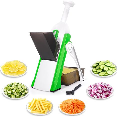 Trancheuse Legumes Multifonctionnel et Réglable avec Bac de Récupération, Coupe-frites, Coupe-pommes de Terre, Coupe oignons, Concombres pour Tranches, Julienne, Mandoline, Cuisine (1/5)