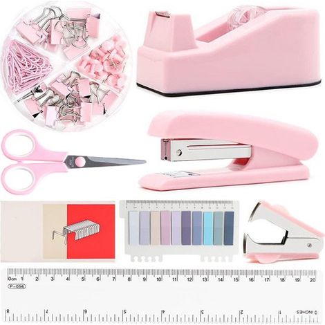 Juego de artículos de oficina de 8 piezas: dispensador de cinta adhesiva, regla, clip, material escolar, set de papelería, Color rosa (1/5)