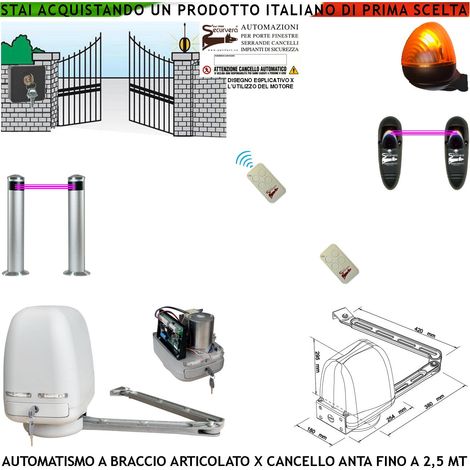 Cancello Elettrico Kit Motore a Braccio Articolato 220/24 V Anta da 0,5 a 2,5 MT Centrale 2 Radiocomandi Faro Selettore 2 Paline 2 Fotocellule (1/4)