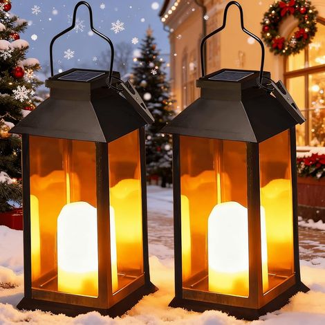 Lanterne Solaire Exterieur 2 Pièces Lampe Solaire avec Bougie Vacillante, Lanterne de Table Étanche Suspension Lampe, Exterieur a Poser pour Noël Balcon Jardin Terrasse Décoration (1/5)