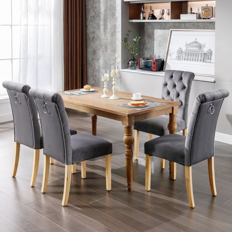 Set de 4 sillas de comedor grises de terciopelo, patas de roble y asiento con muelles (1/5)
