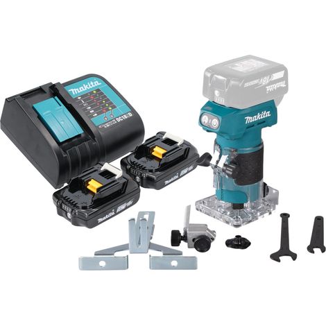 Fresatrice per bordi a batteria Makita DRT 52 SA 18 V 6 mm senza spazzole + 2x batteria ricaricabile 2,0 Ah + caricabatterie