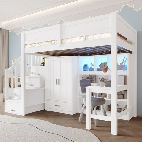 Cama alta (253x95x170 cm), con escritorio, estantería, armario y escalera con almacenaje, MDF, pino, blanco (1/5)