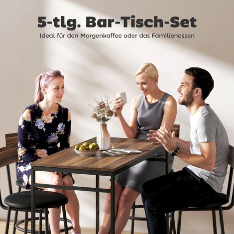 Ensemble table de bar 5 pièces avec 4 tabourets, look loft, pour cuisine ou salle à manger, bois, métal, brun (1/4)