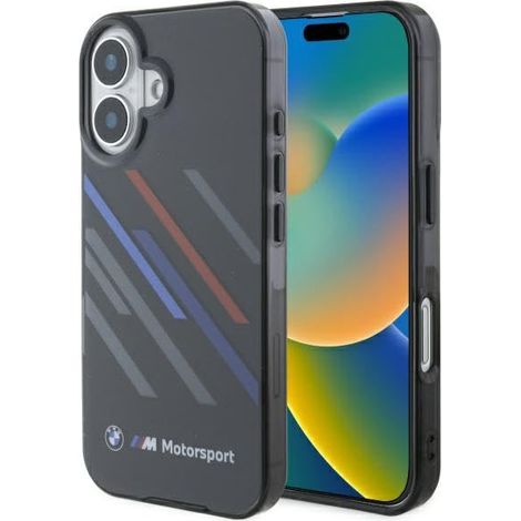 Coque rigide noire BMW BMHCP16M23HTRAK pour iPhone 16 Plus 6,7" à rayures aléatoires Motorsport IML