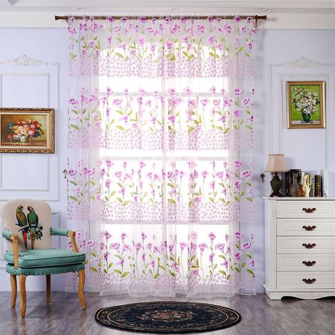 Rideau Voile Imprimé Lys Calla - Tissu Transparent Lavable Pour Salon Chambre Décoration Fenêtre - 1x2m Violet (1/5)