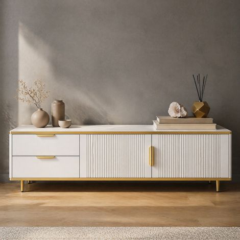 Meuble TV 170cm Blanc Moderne Banc TV bas avec 2 tiroirs 2 Portes Pour téléviseurs jusqu'à 79 pouces (1/5)