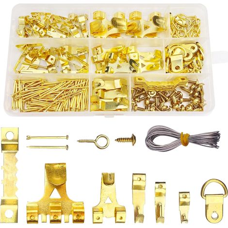 250 Stück Wandbildaufhänger, Rahmenbefestigung, Rahmenbefestigungen, Wandhaken, Betonhaken, goldene Wandbefestigung mit Nägeln, Stahlkabel, Schrauben, D-Ring und Schraubenöse (1/5)