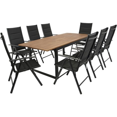 RIVELLO: Garnitur 9-teilig (8x Klappsessel Aluminium + Kunstgewebe schwarz, 1x Ausziehtisch 150/200x90cm, Stahl anthrazit + Akazie geölt, FSC-zertifiziert