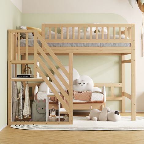 Lit mezzanine 140x200 avec escalier rangement et barrière haute - pin massif et mdf - gain de place - bois (1/5)