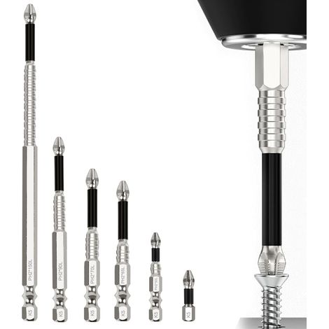 6-teiliges magnetisches Schraubendreher-Set, Präzisionsschraubendreher, Bohrer mit hoher Härte, rutschfeste Kreuzschlitzschraubendreher, für elektrische und manuelle Bohrmaschinen (25, 50, 65, 70, 90,